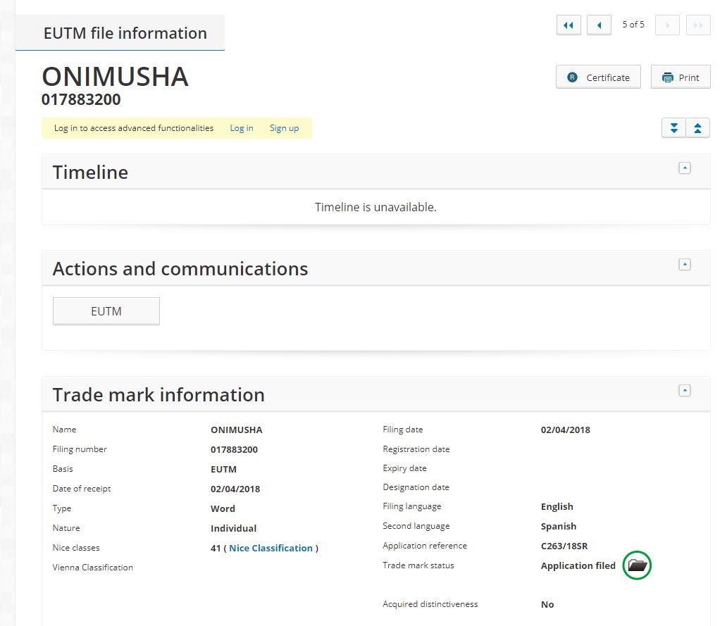 2018 onimusha trademarks