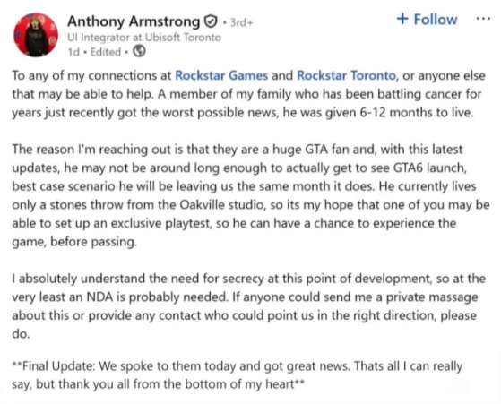 gta 6 terminally ill cancel playtest anthony armstrong linkedin
