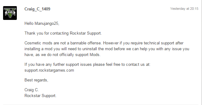 rockstar support reply cosmetic mod 1