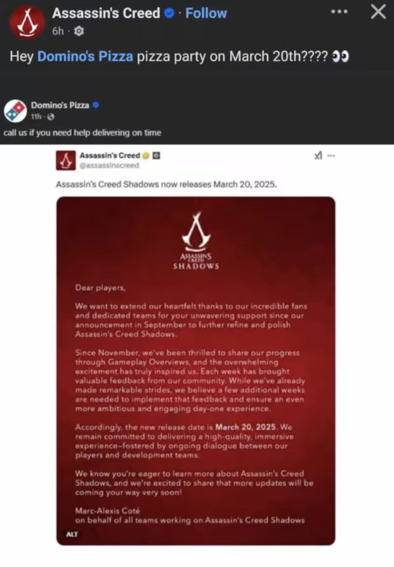 Dominos Pizza trolls Ubisoft for the new Assassins Creed Shadows delay Facebook post