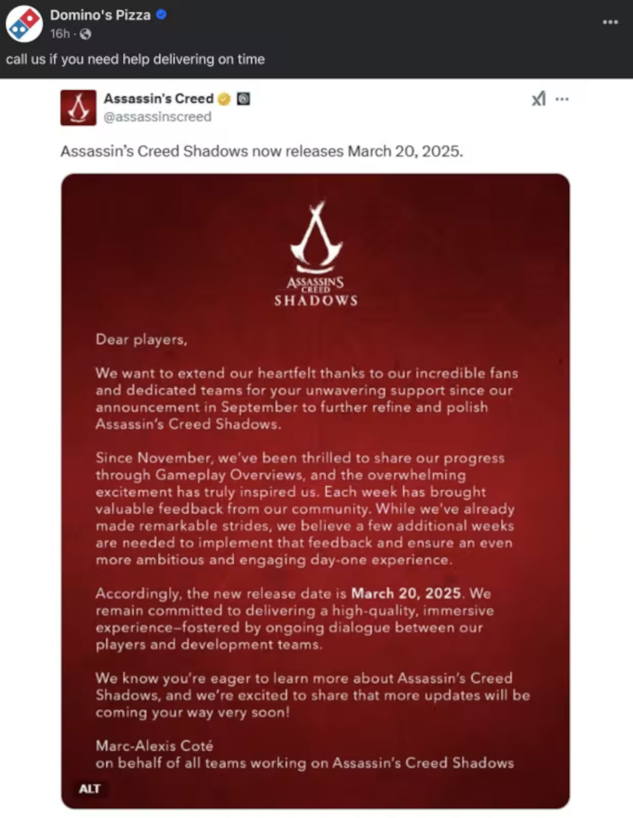 Dominos Pizza trolls Ubisoft for the new Assassins Creed Shadows delay Facebook post