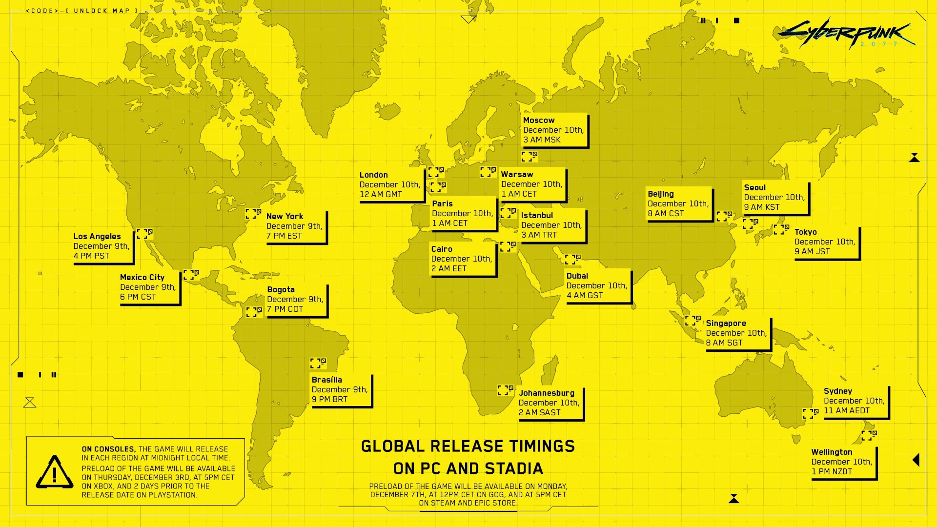 Cyberpunk 2077 Map pre load preload available times timezones