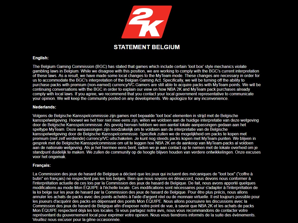 2k games statement belgium