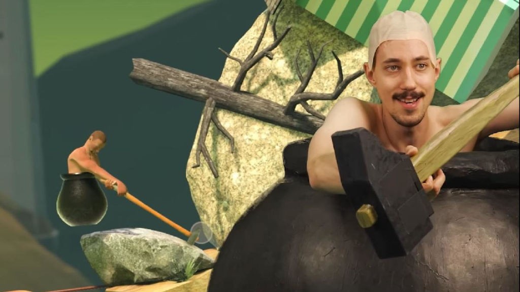 YouTuber παίζει Getting Over It With Bennett Foddy, ενώ βρίσκεται μέσα σε καζάνι και κρατάει ένα σφυρί