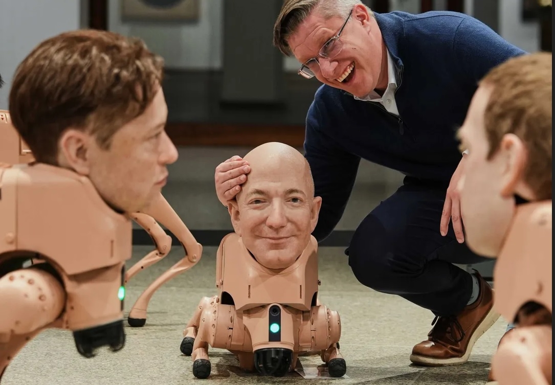 AI robot dogs με φάτσες Elon Musk, Mark Zuckerberg και άλλων επιχειρηματιών