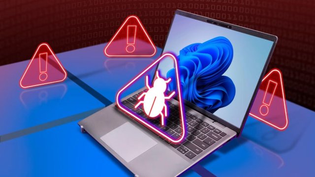 a-laptop-with-windows-11-a-malware-icon-above-the-keyboard-and-warning-signs-around-it